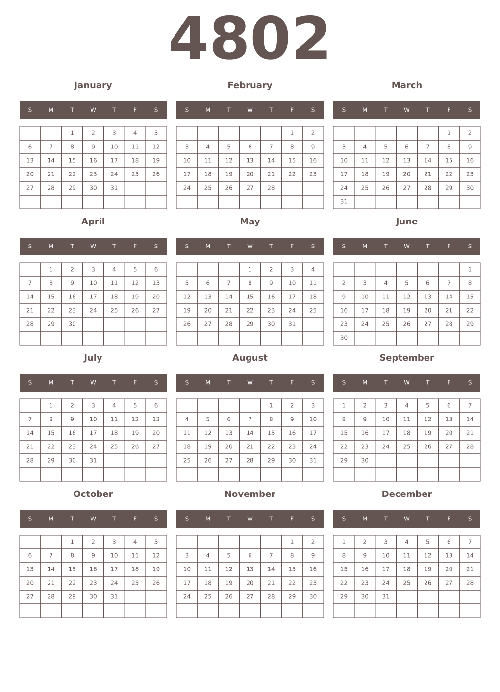 Printable 4802 Year Calendars wenge