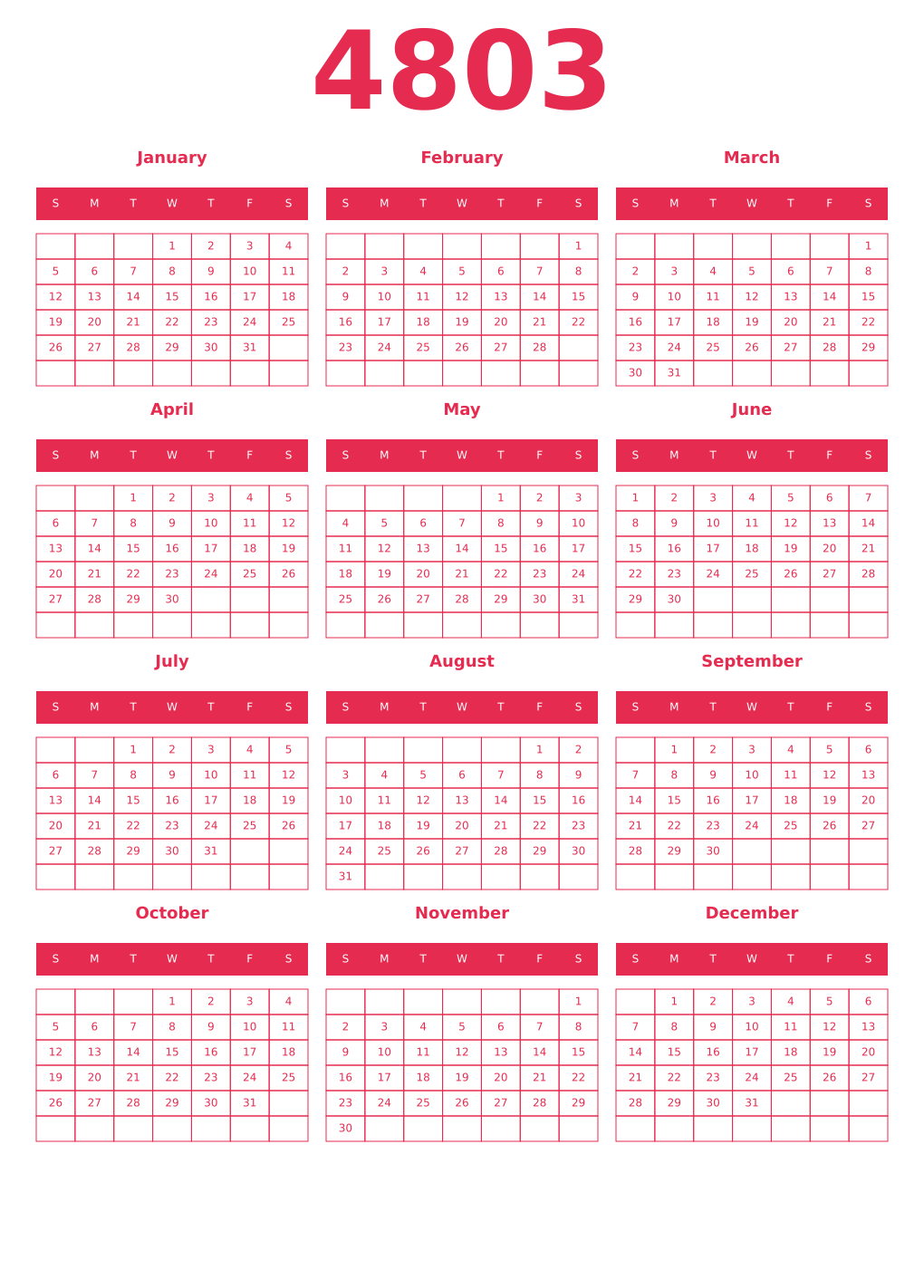 Printable 4803 Year Calendars amaranth