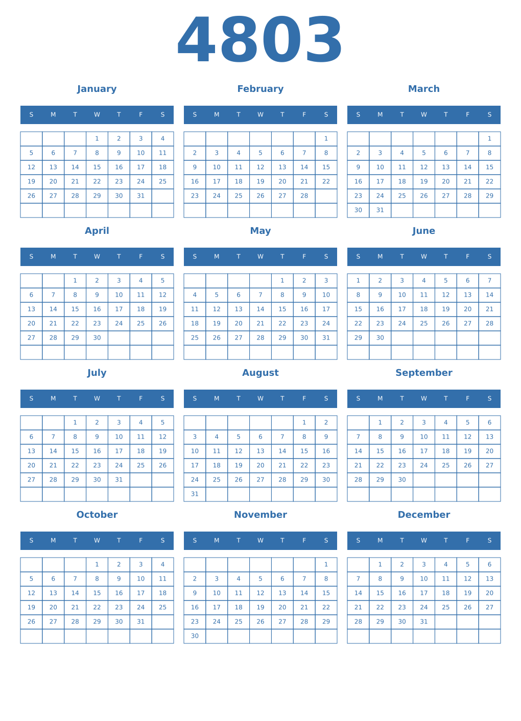 Printable 4803 Year Calendars blue