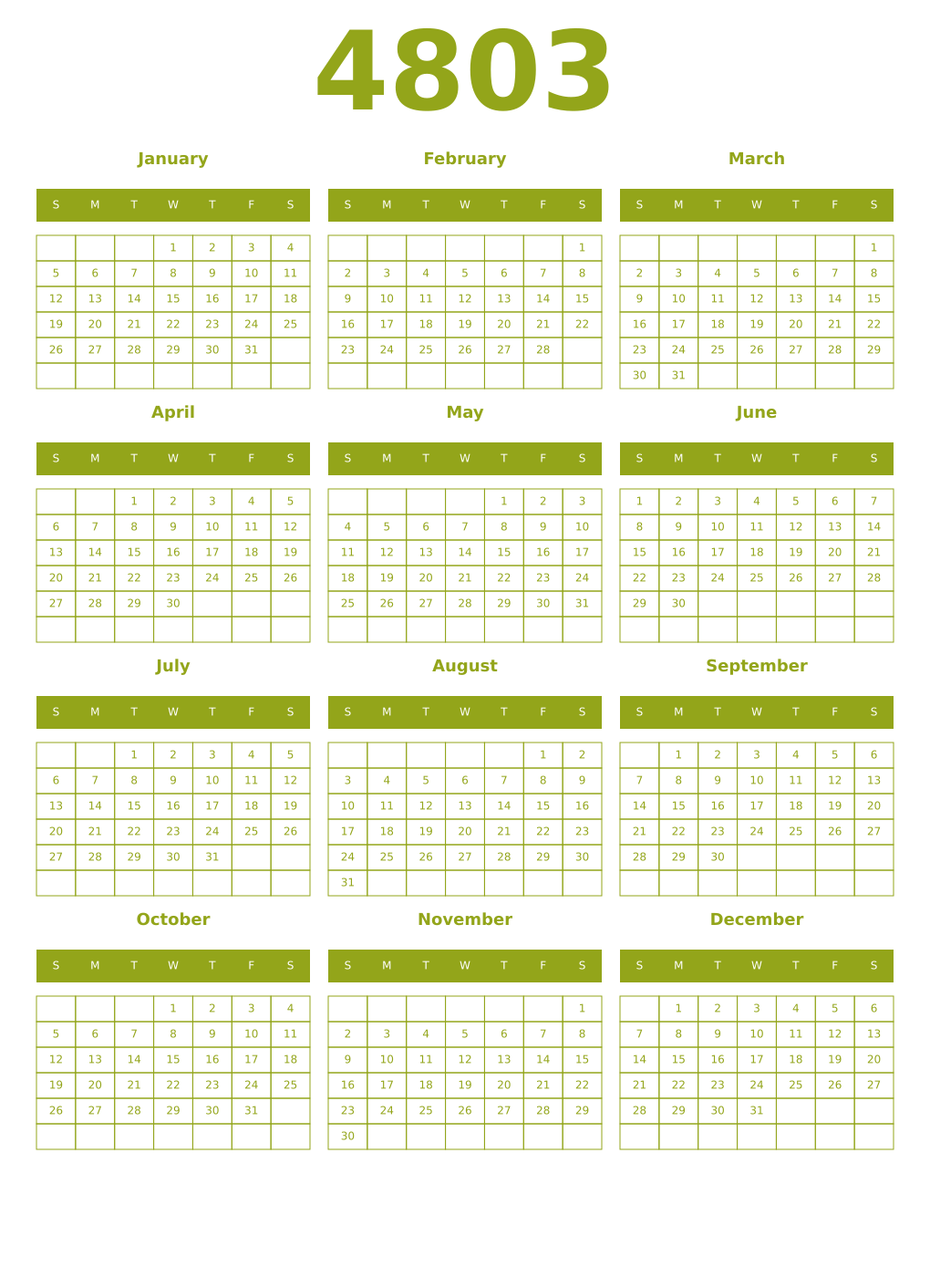 Printable 4803 Year Calendars chartreuse
