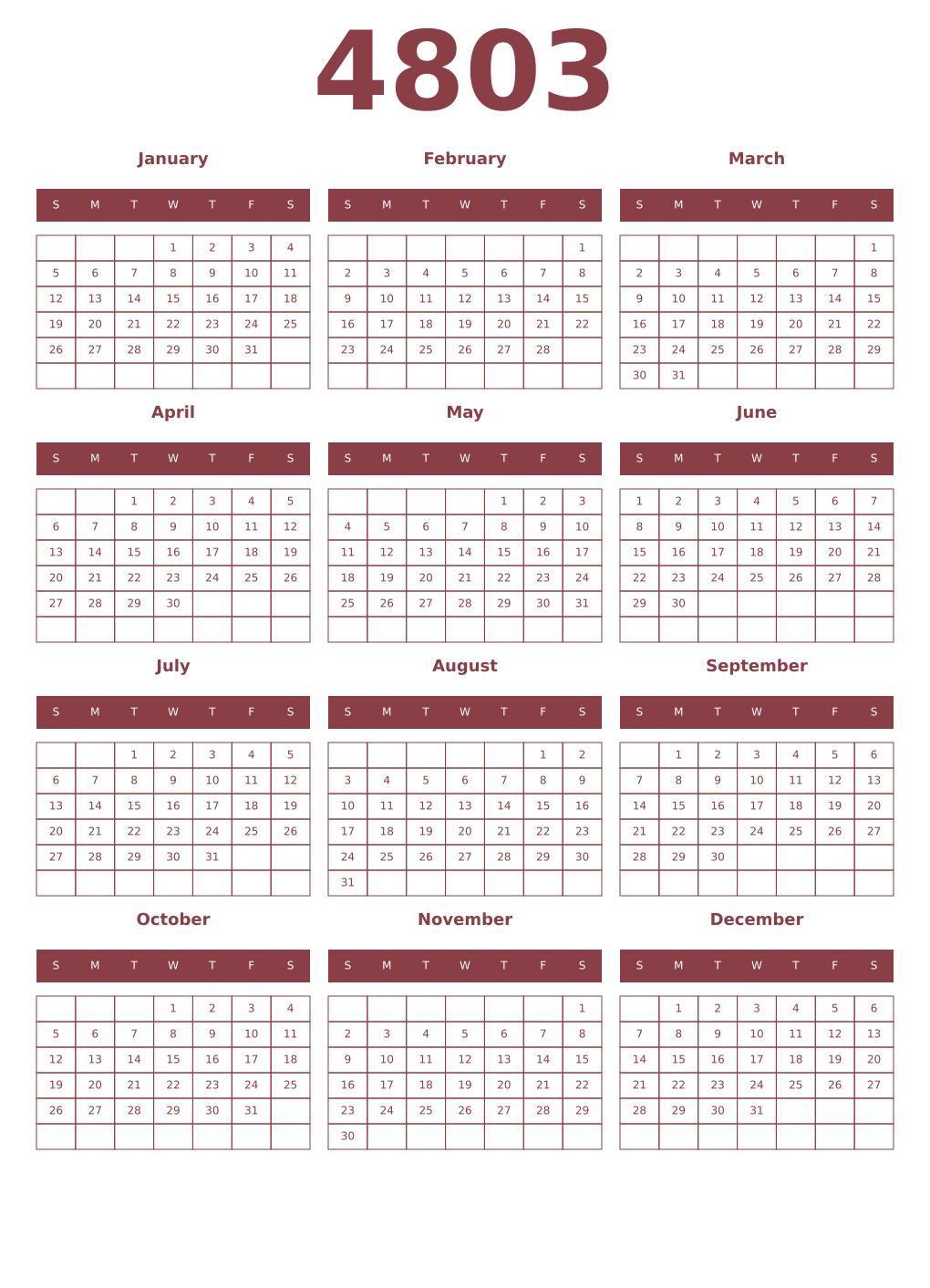 Printable 4803 Year Calendars cordovan