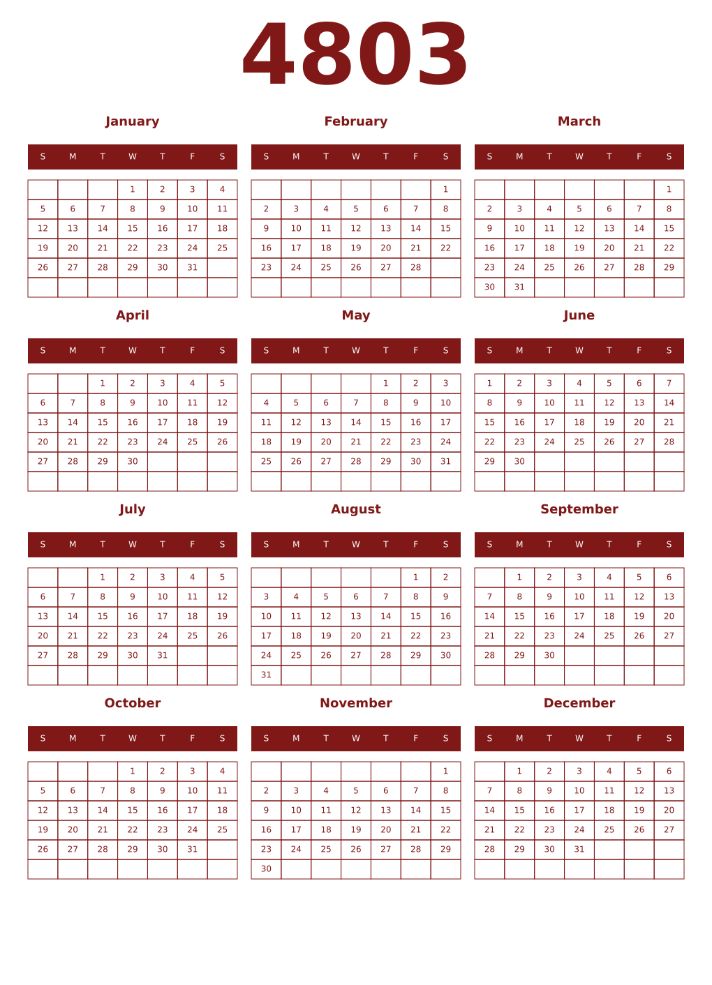 Printable 4803 Year Calendars falu