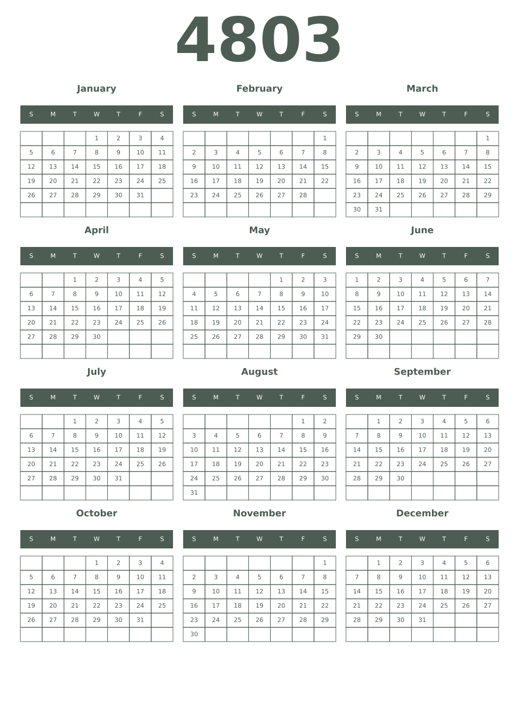 Printable 4803 Year Calendars feldgrau
