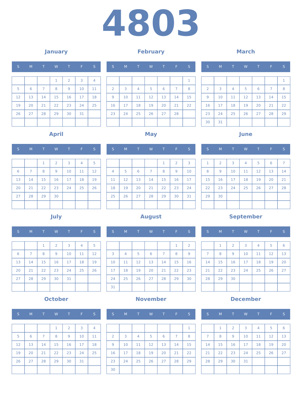 Printable 4803 Year Calendars glaucous