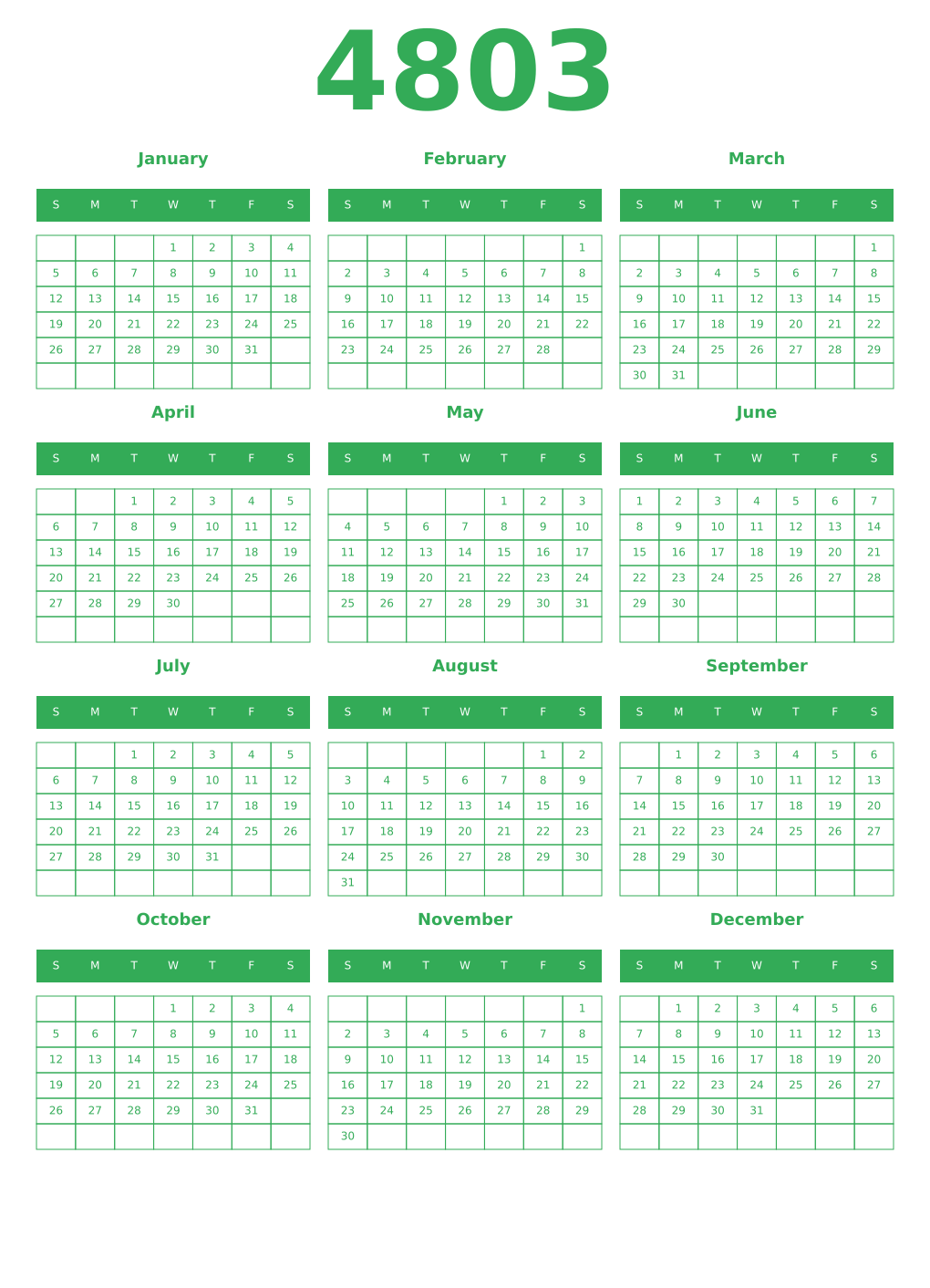 Printable 4803 Year Calendars green