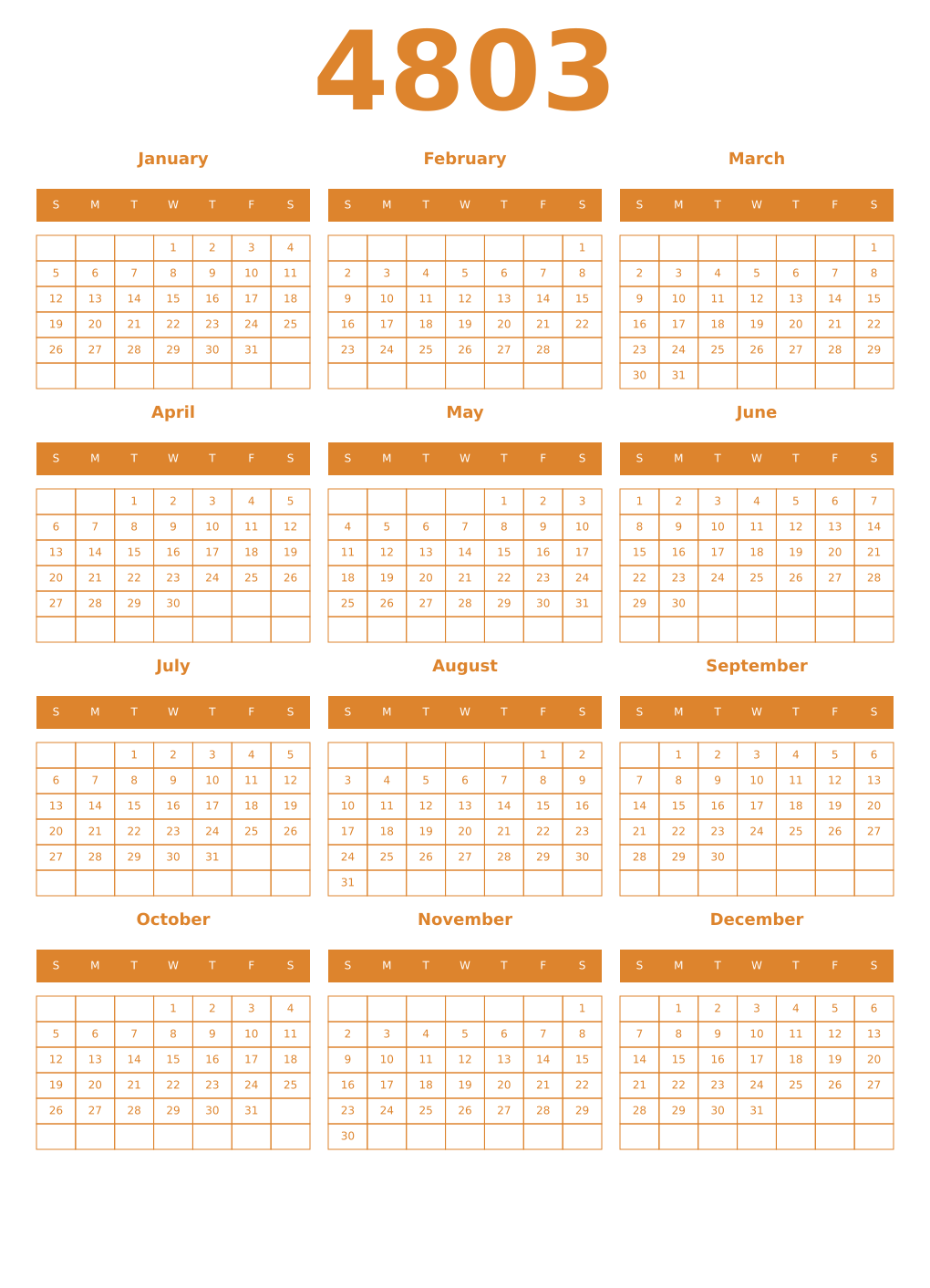 Printable 4803 Year Calendars orange
