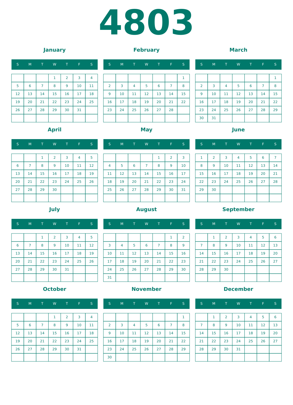 Printable 4803 Year Calendars pastel