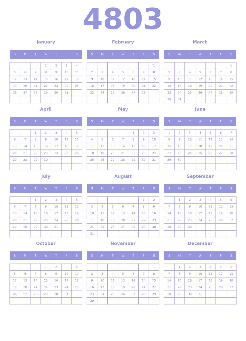 Printable 4803 Year Calendars periwinkle