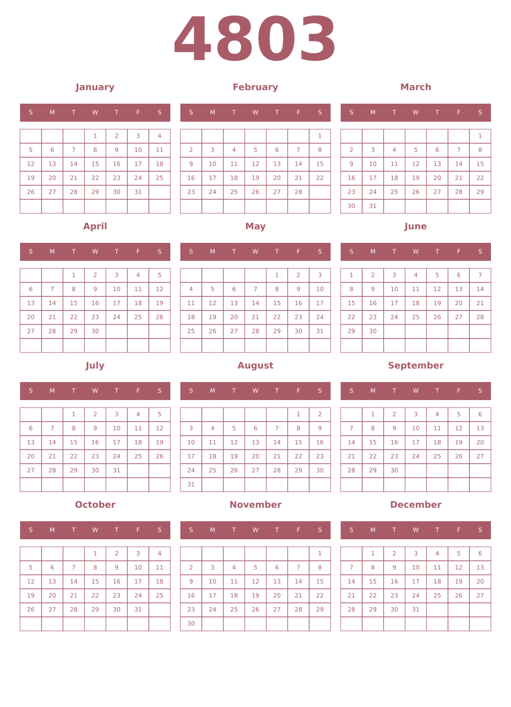 Printable 4803 Year Calendars puce