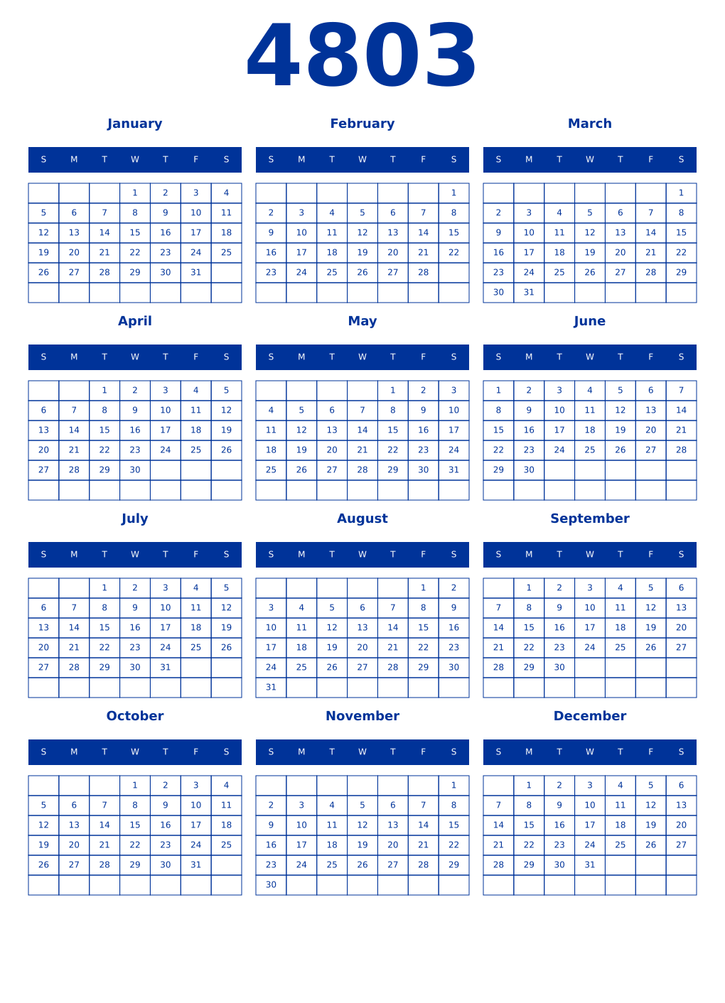 Printable 4803 Year Calendars smalt