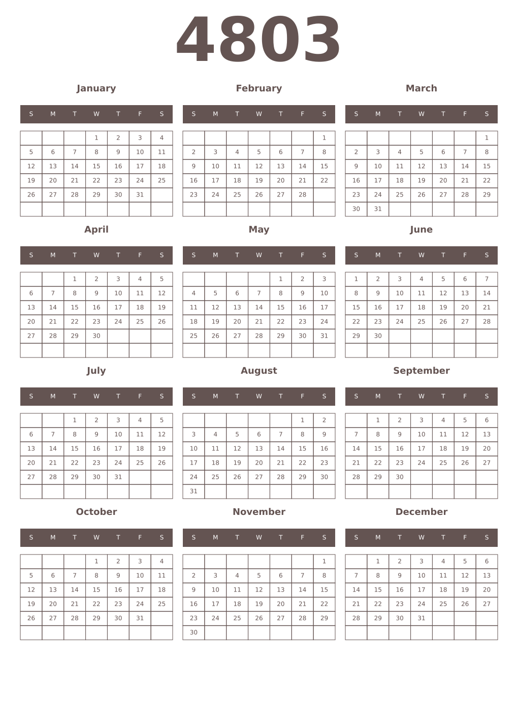 Printable 4803 Year Calendars wenge
