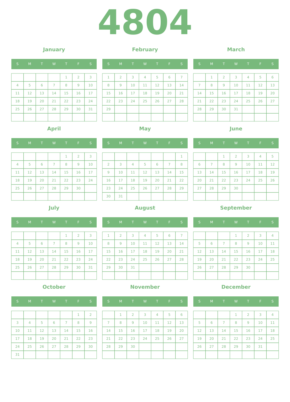 Printable 4804 Year Calendars celadon