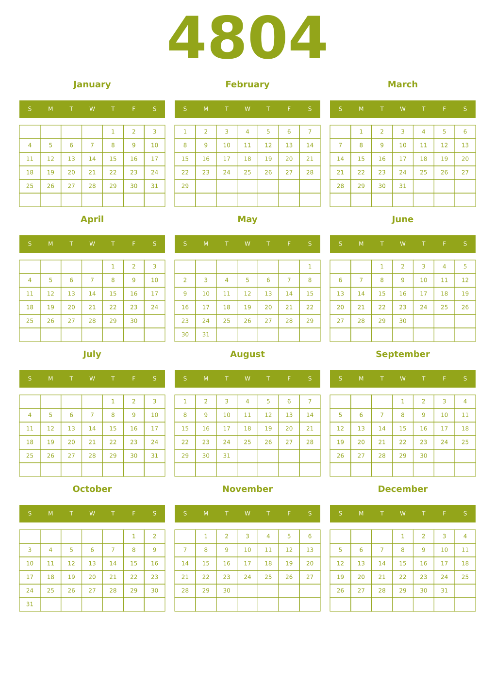 Printable 4804 Year Calendars chartreuse