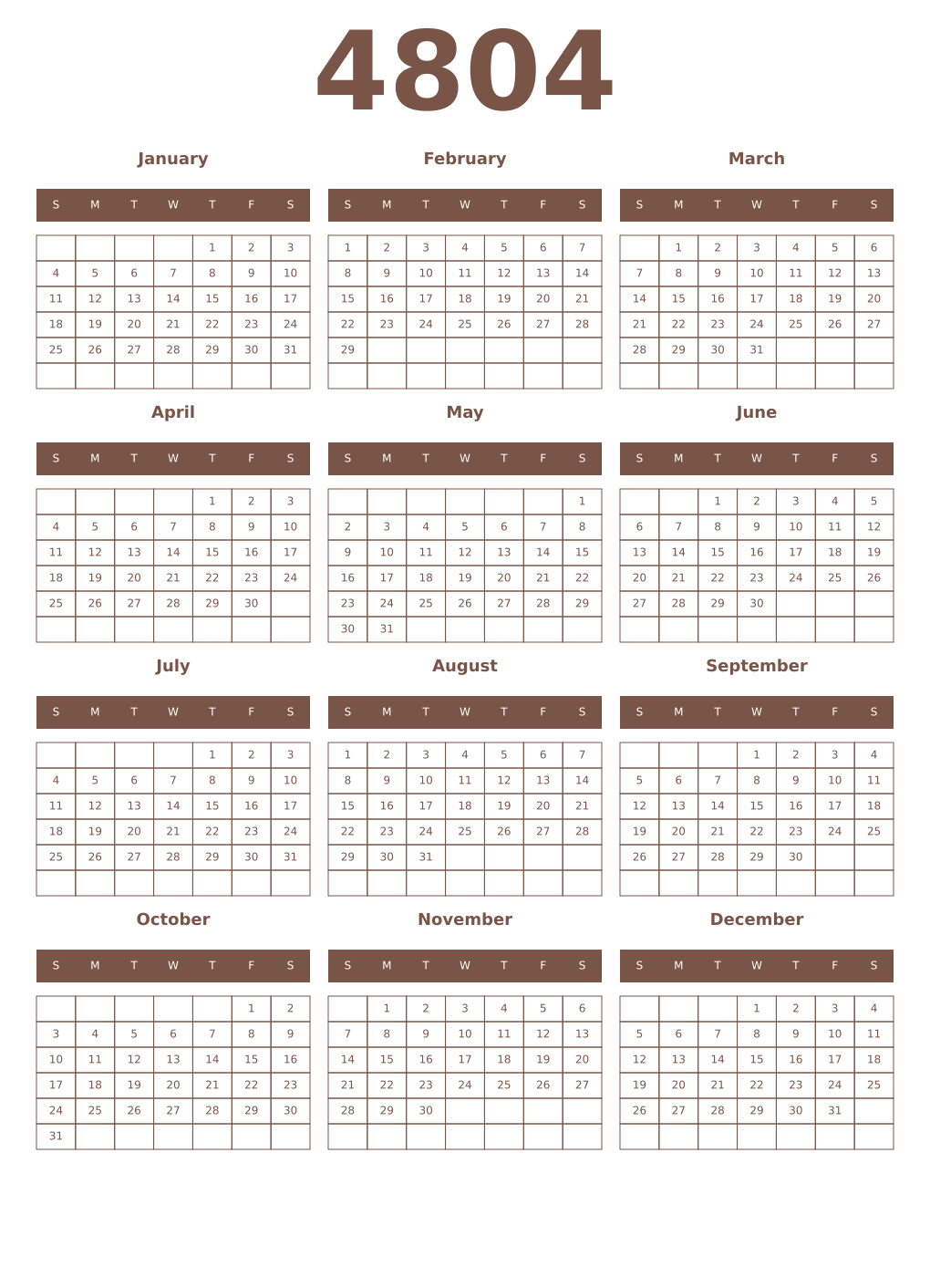Printable 4804 Year Calendars coffe