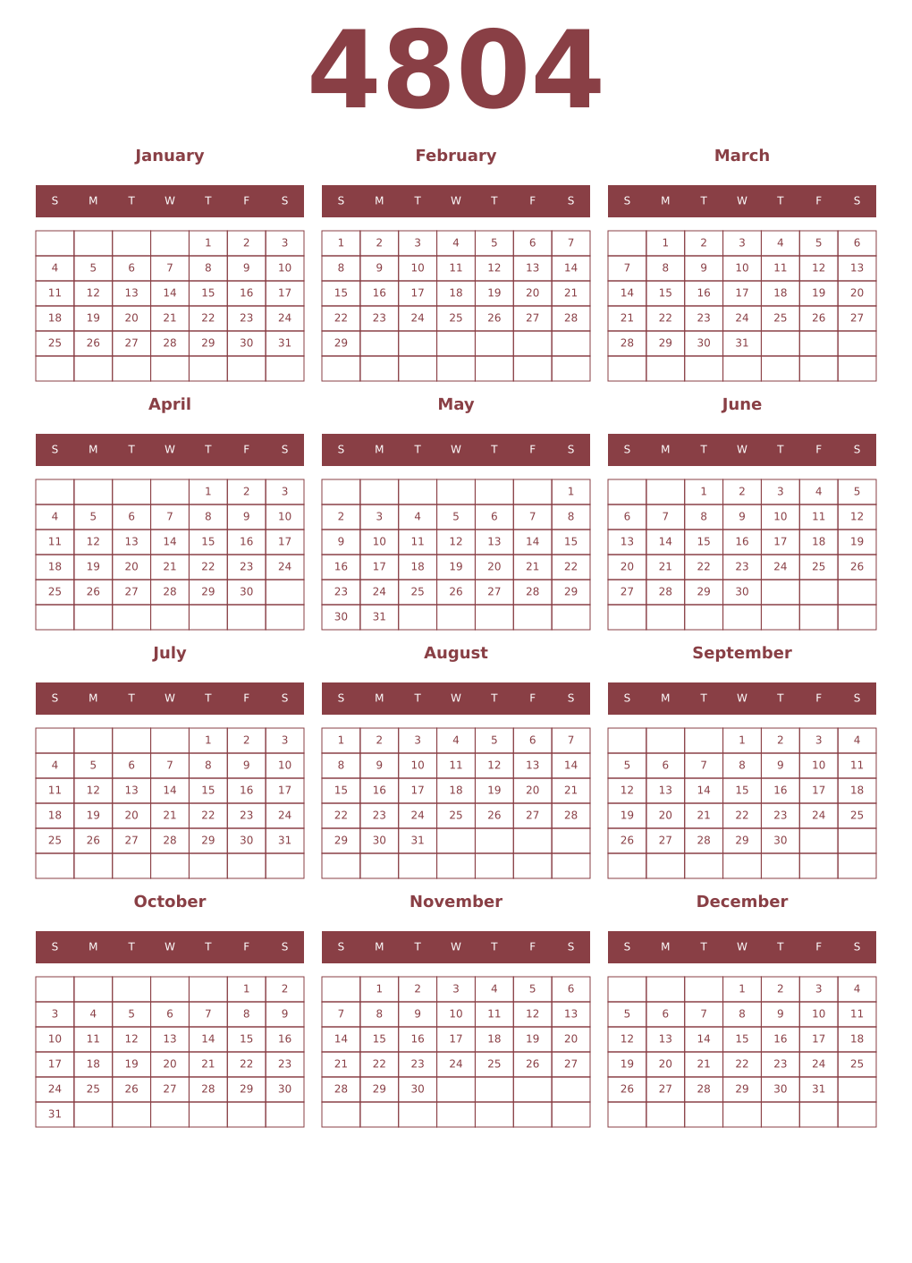 Printable 4804 Year Calendars cordovan
