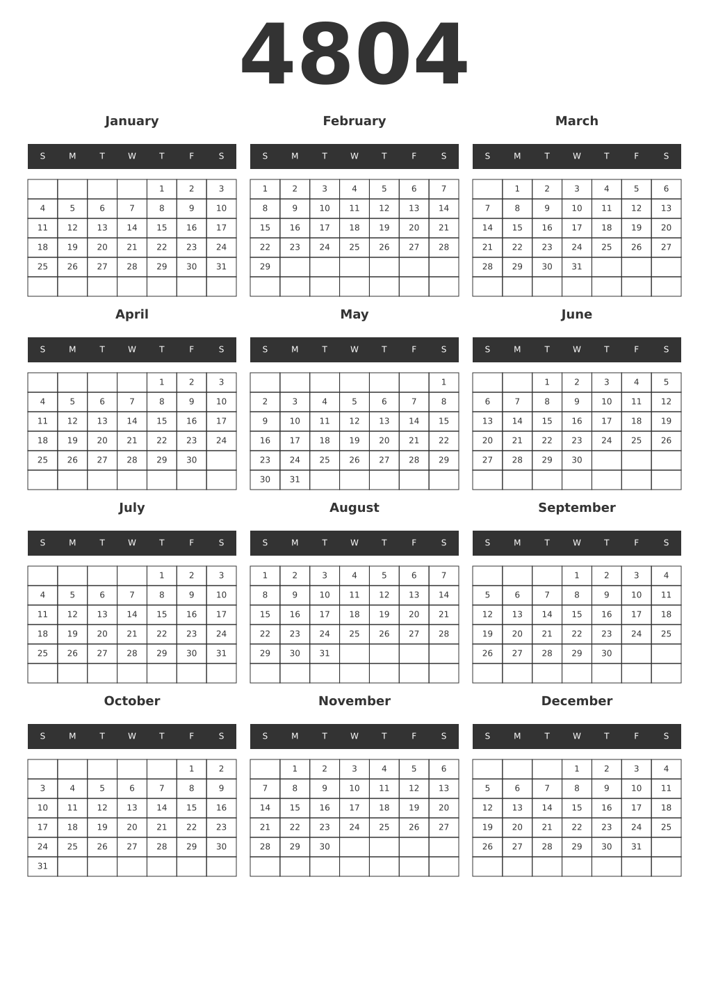 Printable 4804 Year Calendars dark