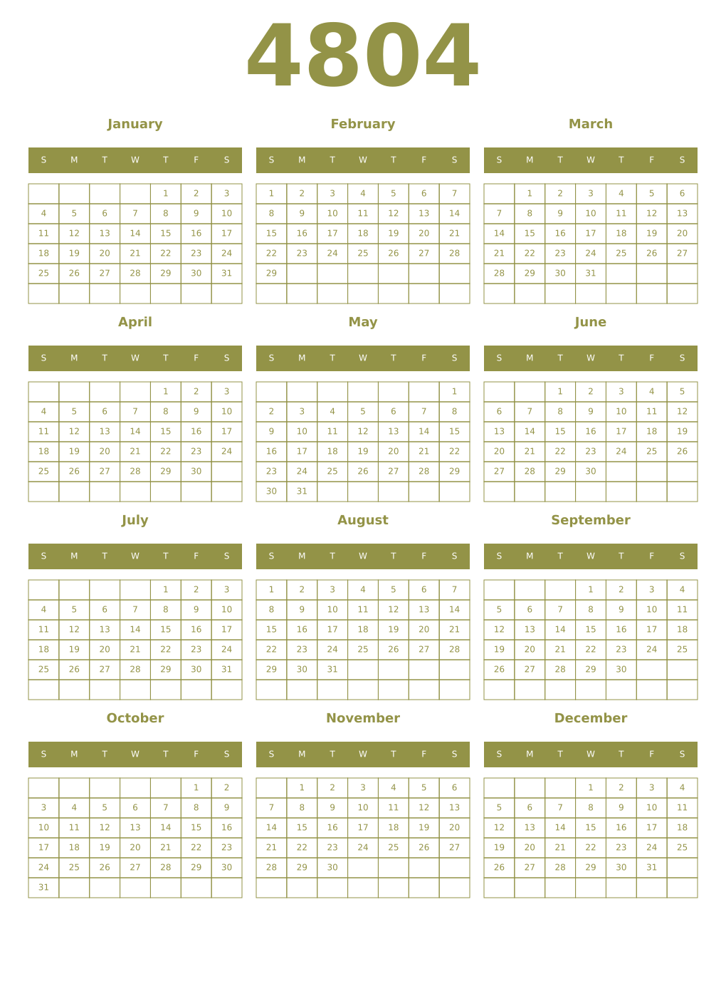 Printable 4804 Year Calendars eburnean
