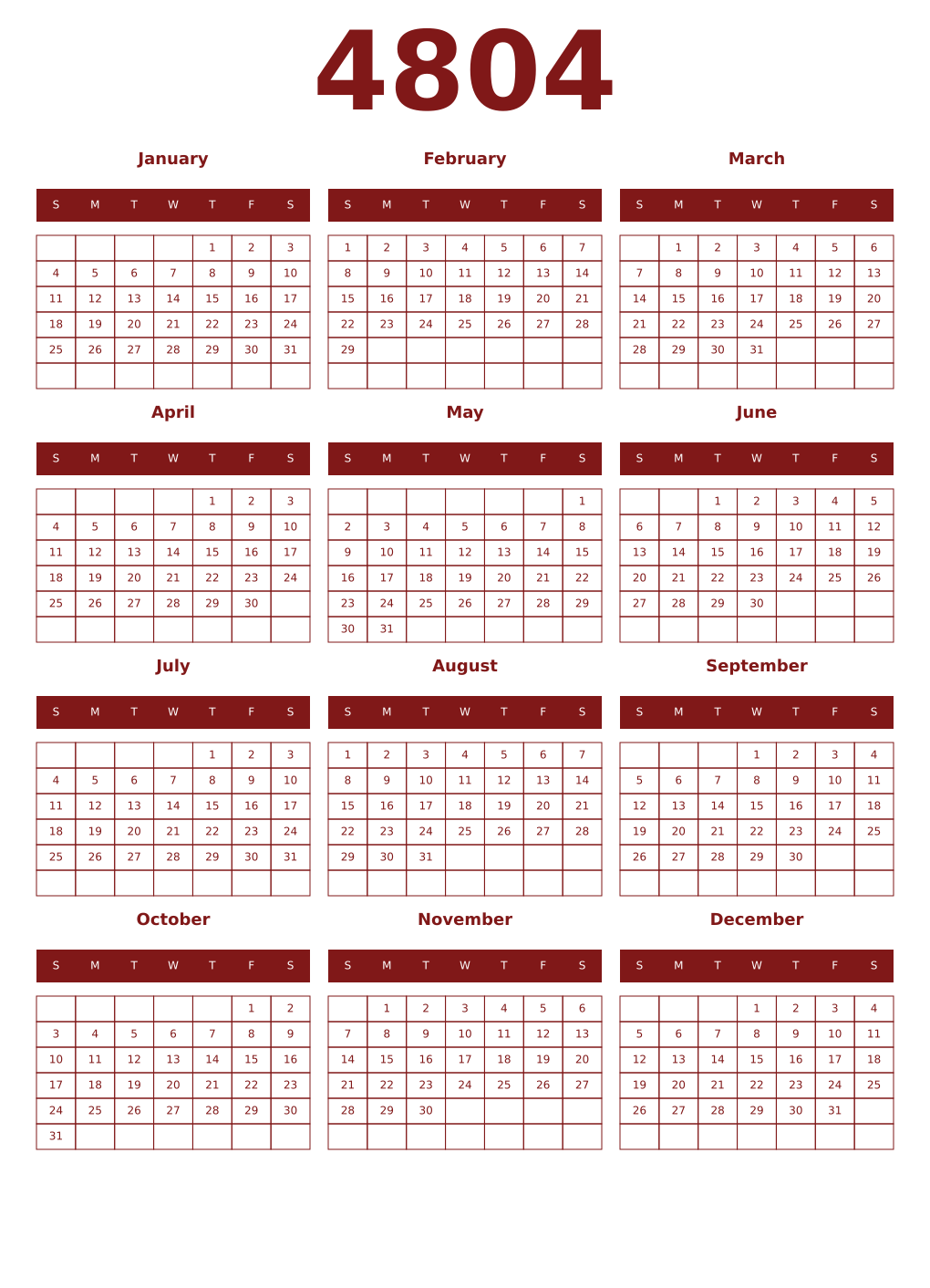 Printable 4804 Year Calendars falu
