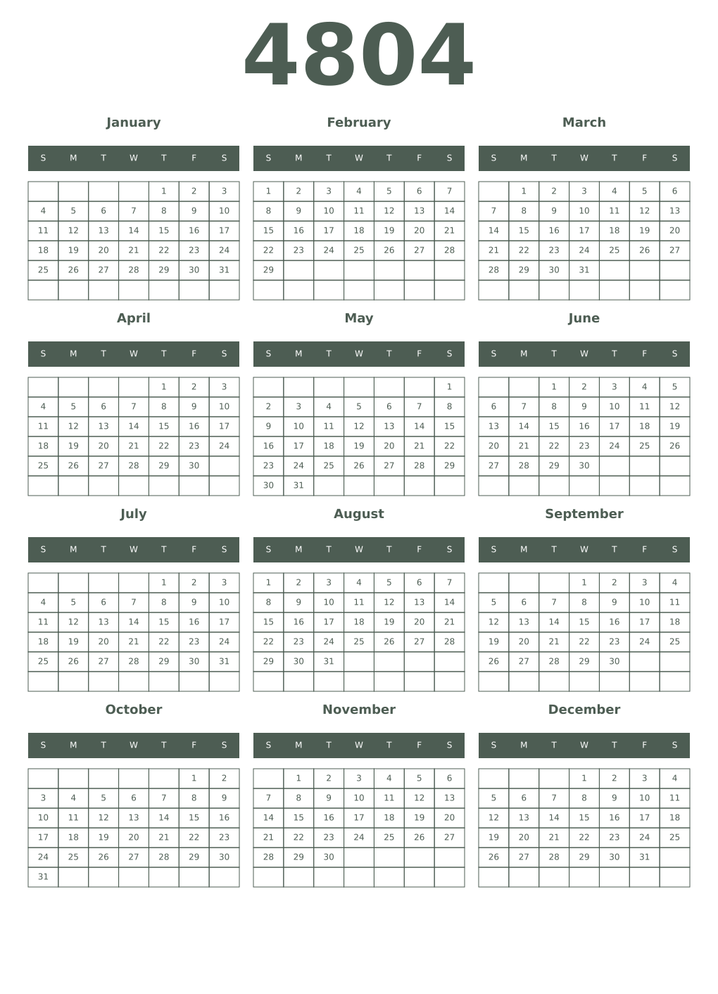 Printable 4804 Year Calendars feldgrau