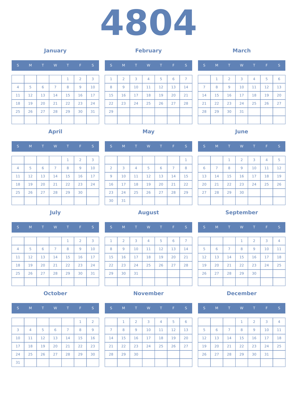 Printable 4804 Year Calendars glaucous