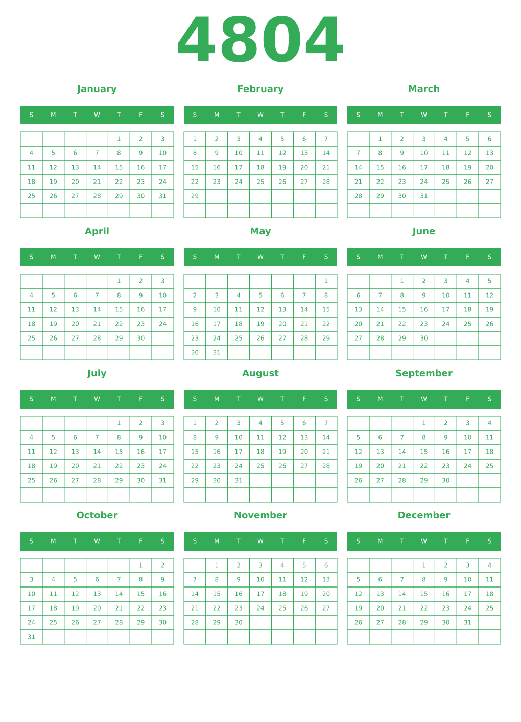 Printable 4804 Year Calendars green