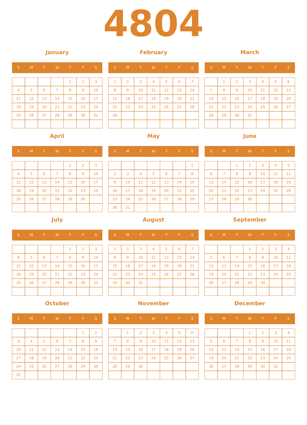 Printable 4804 Year Calendars orange