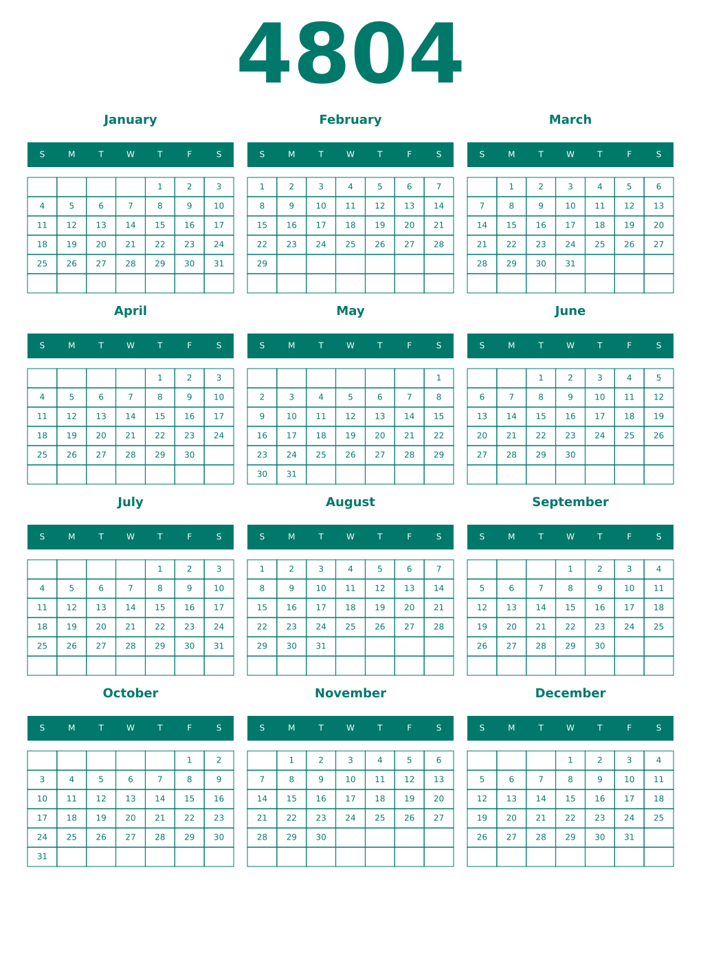 Printable 4804 Year Calendars pastel