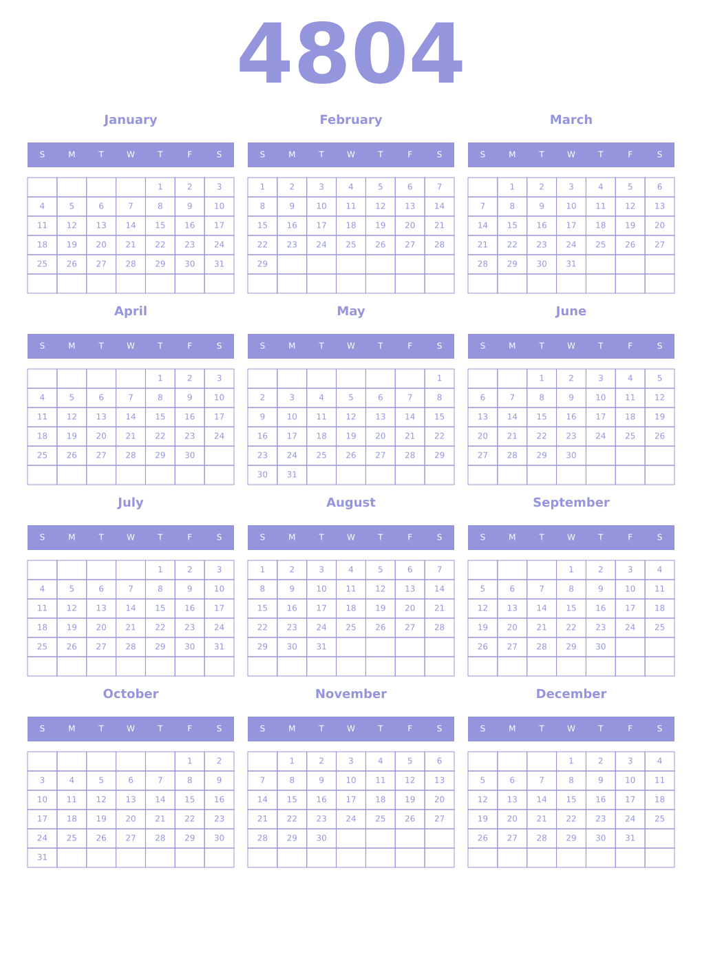 Printable 4804 Year Calendars periwinkle
