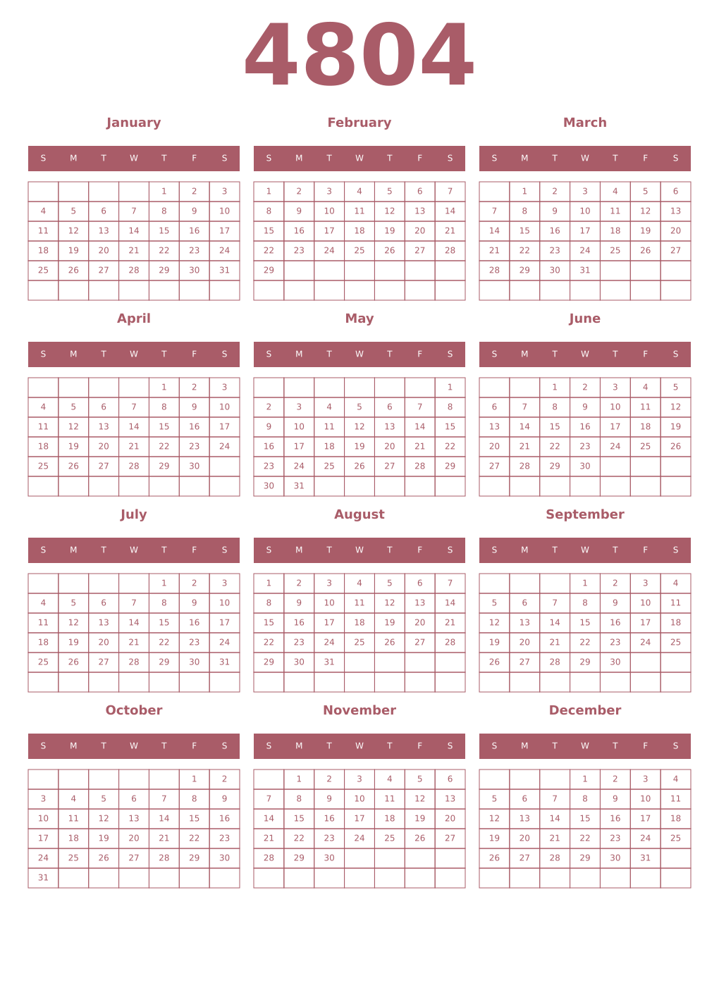 Printable 4804 Year Calendars puce