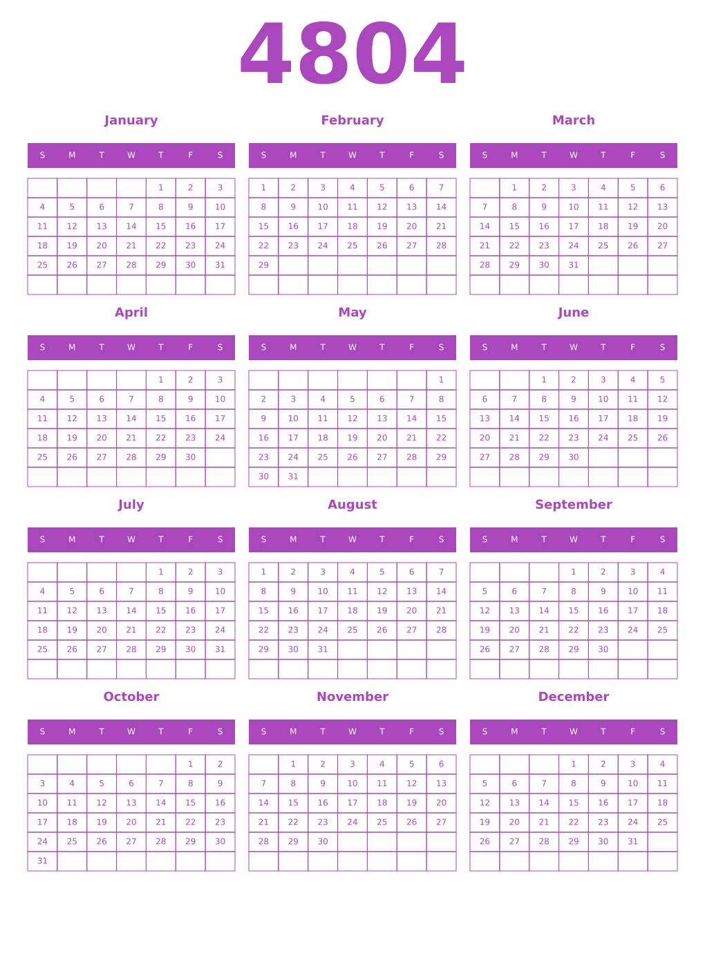 Printable 4804 Year Calendars purple