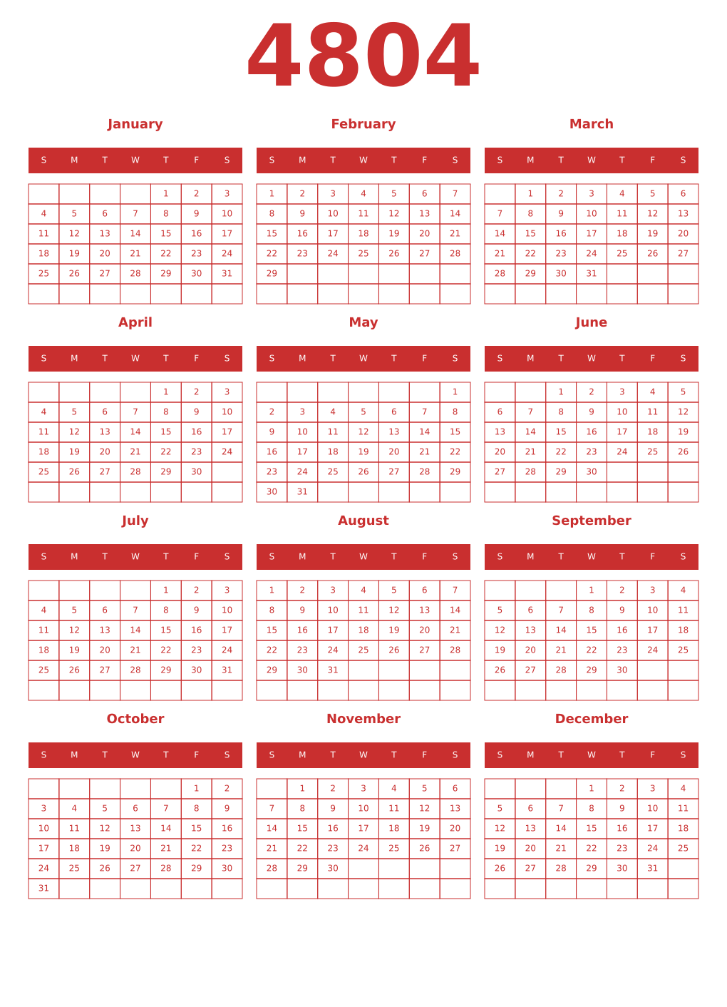 Printable 4804 Year Calendars red