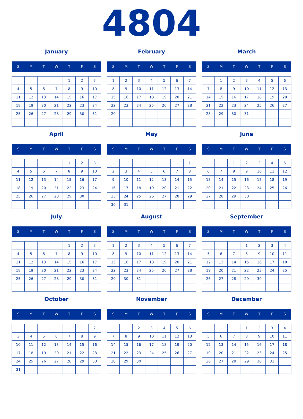 Printable 4804 Year Calendars smalt