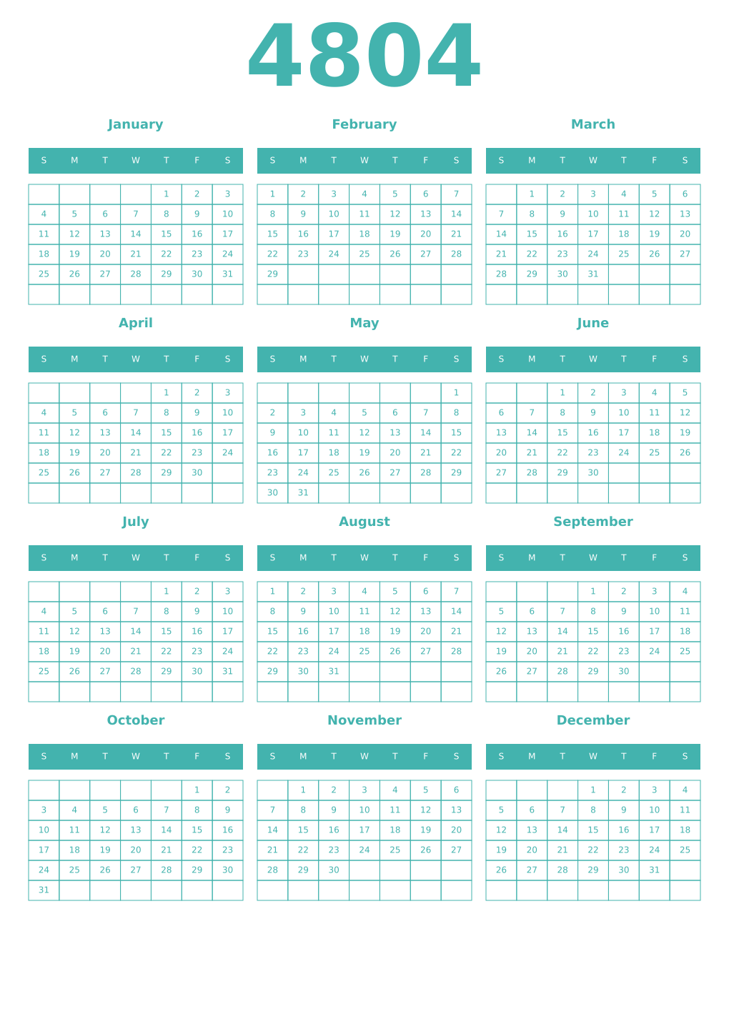 Printable 4804 Year Calendars verdigris