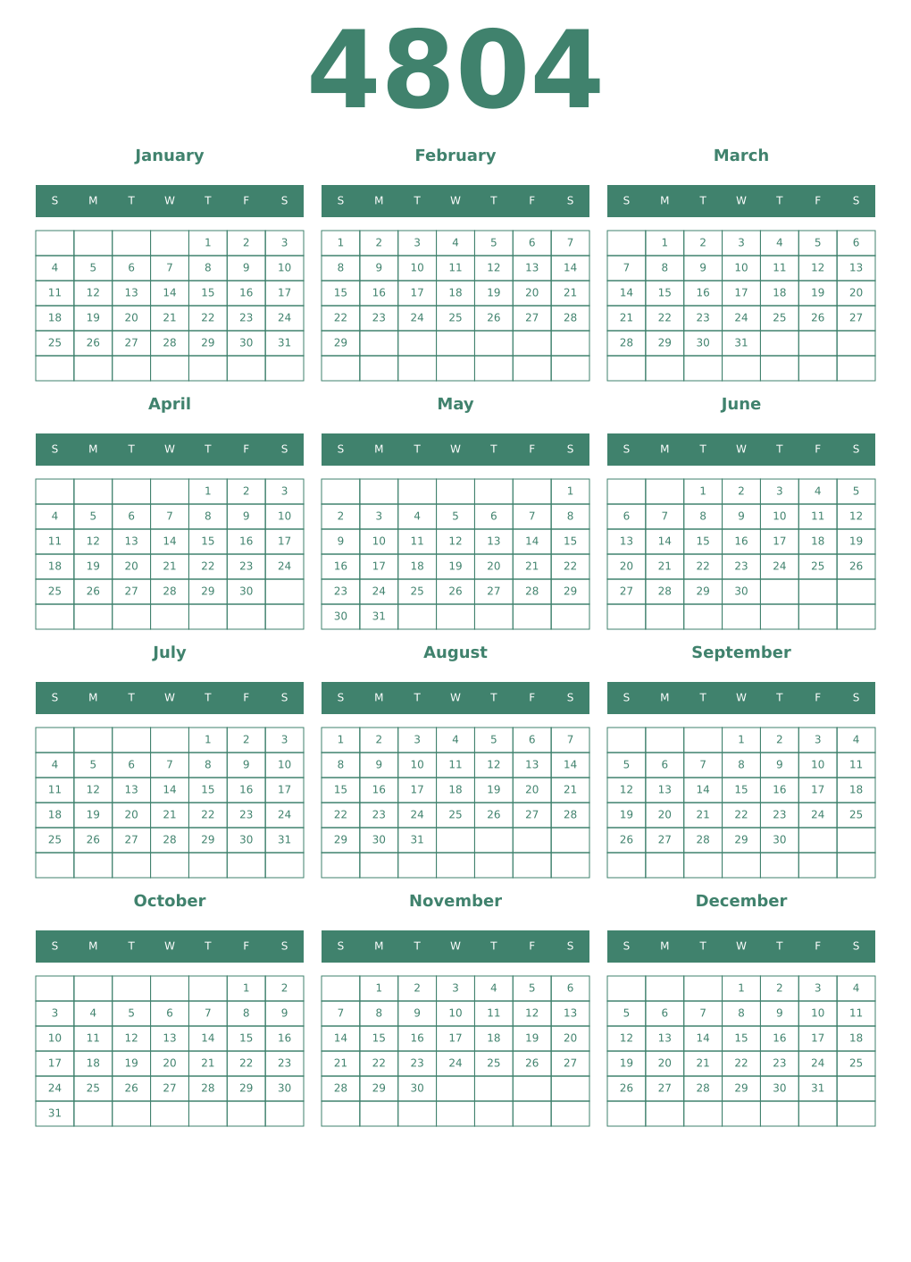 Printable 4804 Year Calendars viridian