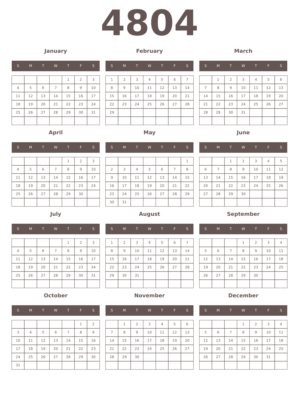 Printable 4804 Year Calendars wenge