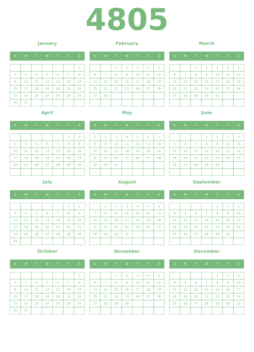 Printable 4805 Year Calendars celadon