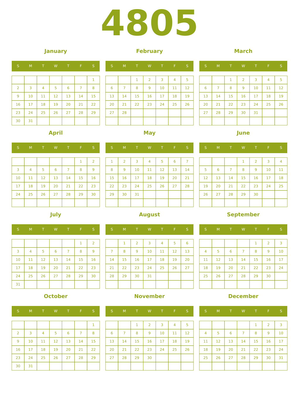 Printable 4805 Year Calendars chartreuse