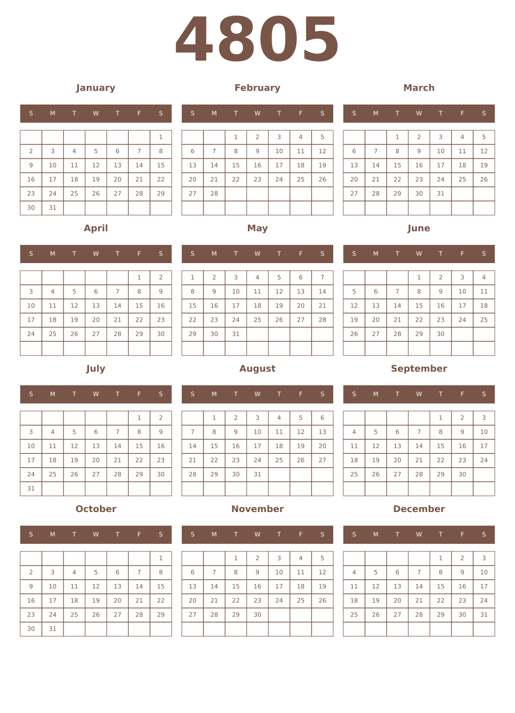 Printable 4805 Year Calendars coffe