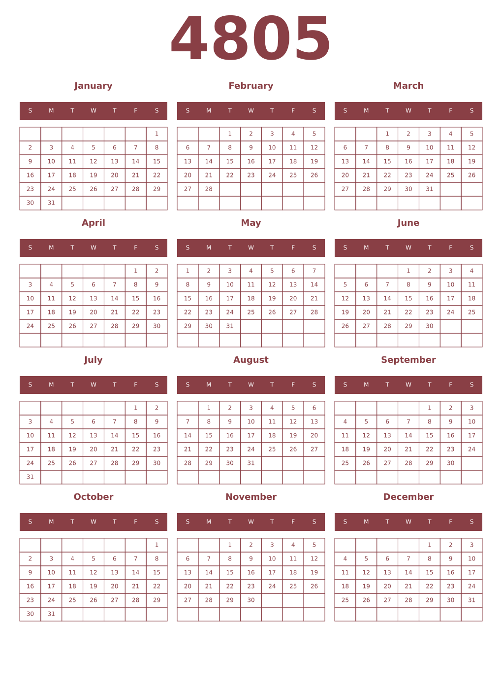 Printable 4805 Year Calendars cordovan