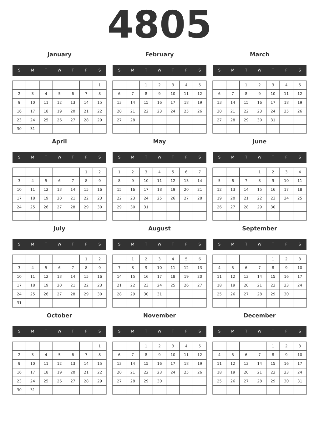 Printable 4805 Year Calendars dark