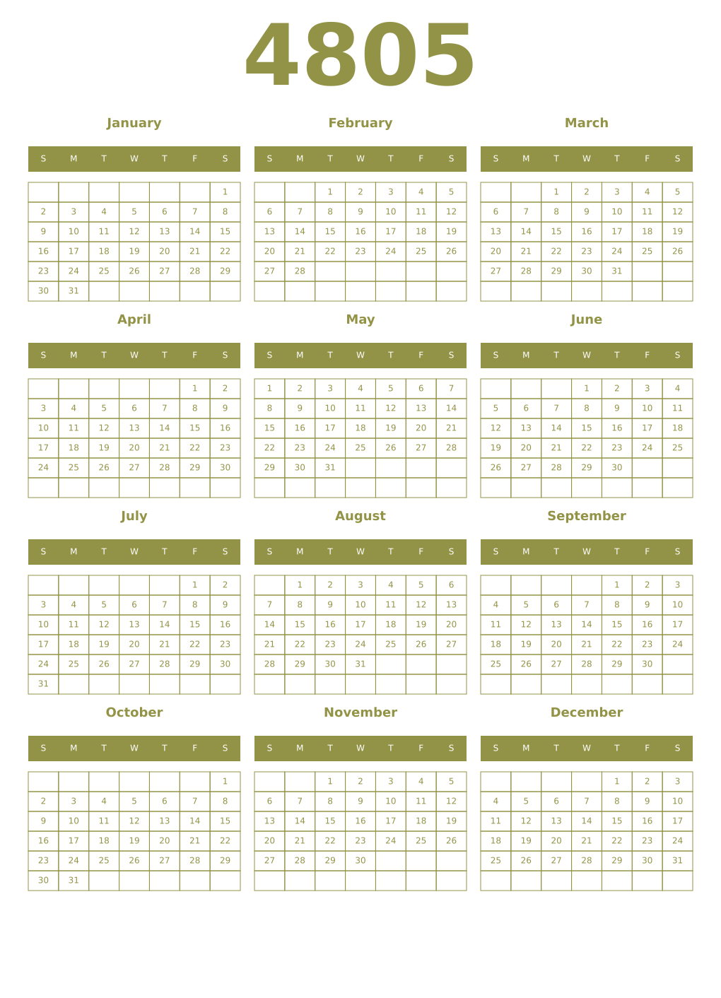Printable 4805 Year Calendars eburnean