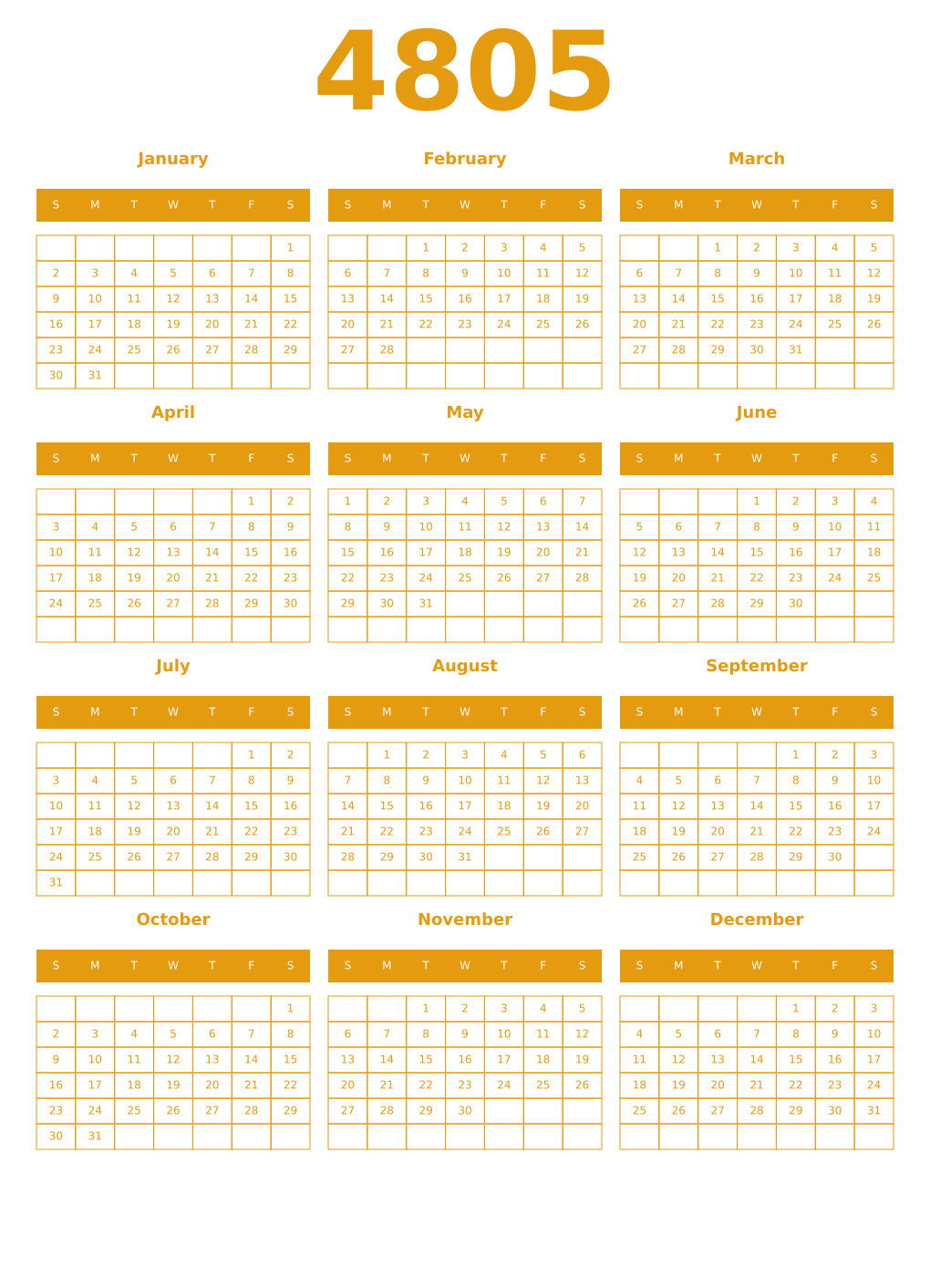 Printable 4805 Year Calendars gamboge