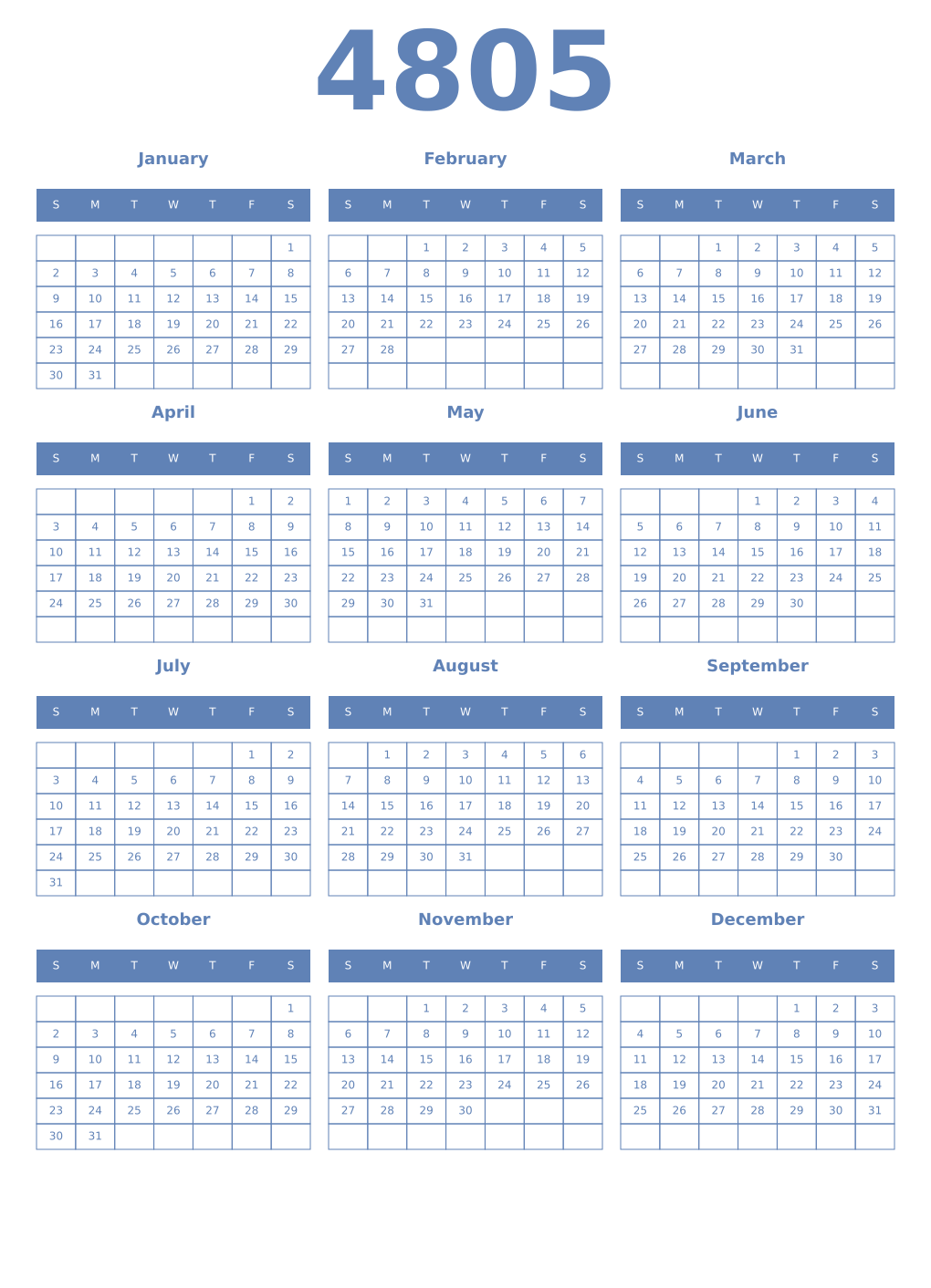 Printable 4805 Year Calendars glaucous