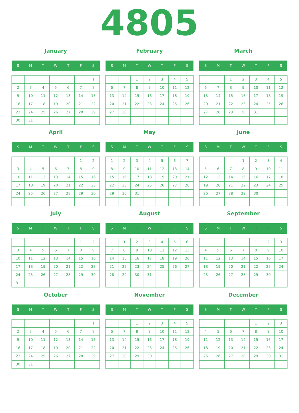 Printable 4805 Year Calendars green