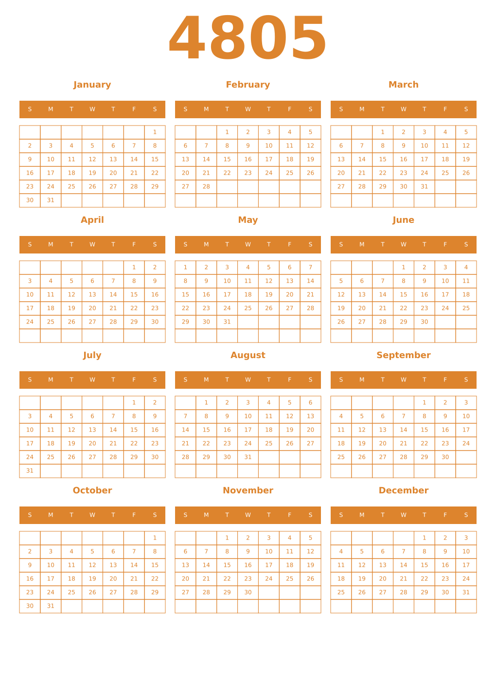 Printable 4805 Year Calendars orange