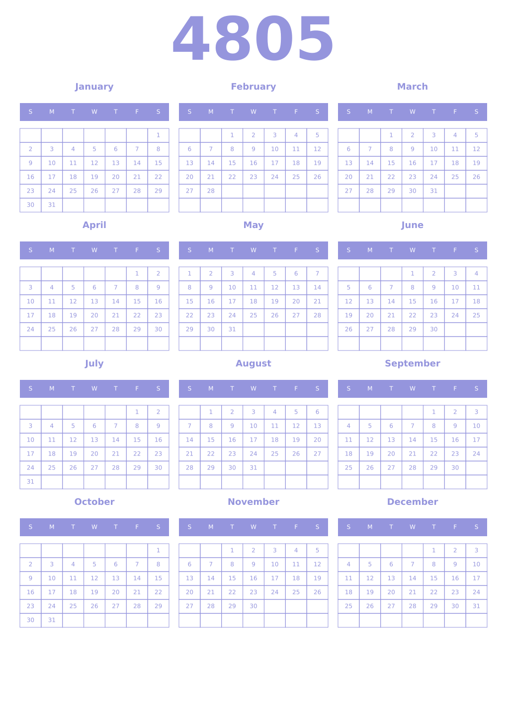 Printable 4805 Year Calendars periwinkle