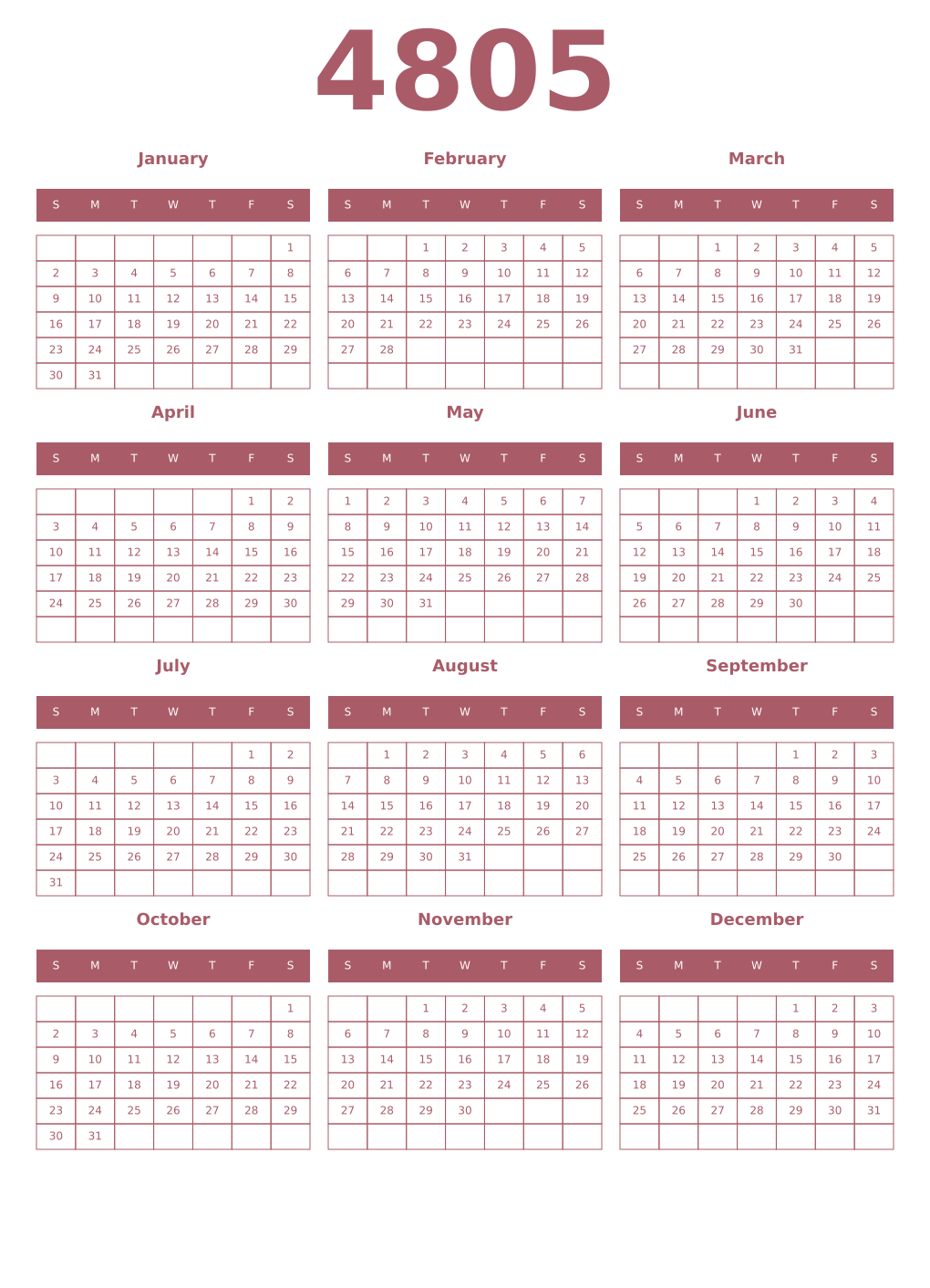 Printable 4805 Year Calendars puce
