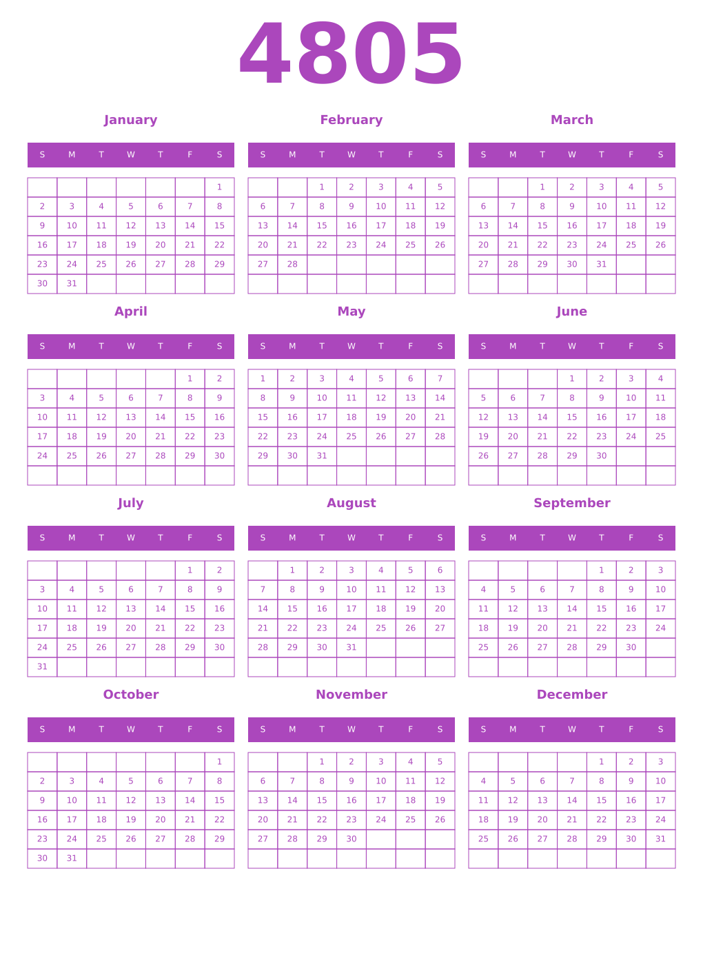 Printable 4805 Year Calendars purple