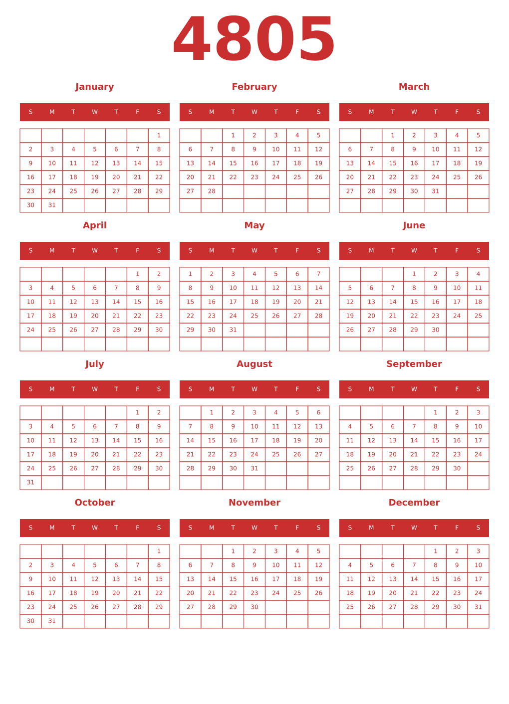 Printable 4805 Year Calendars red