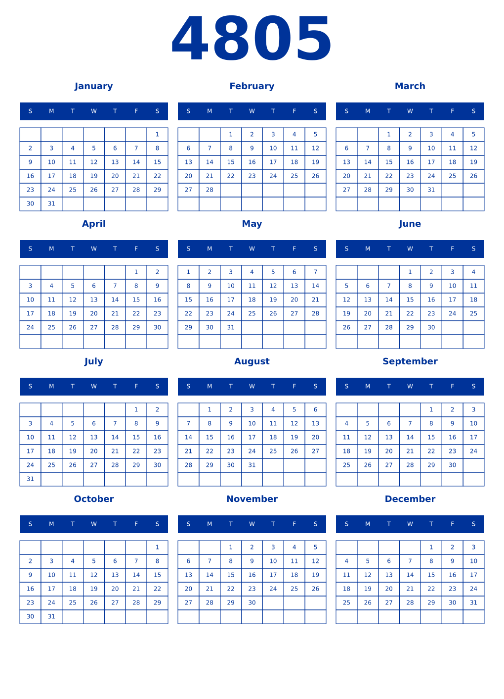 Printable 4805 Year Calendars smalt